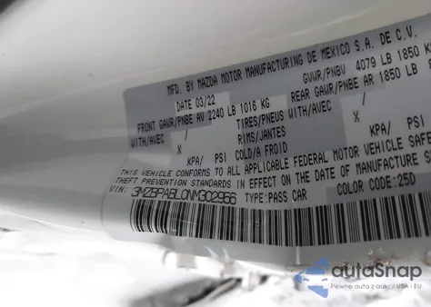 2022 Mazda Mazda3 Select из США, поврежденный, VIN 3MZBPABL0NM302956